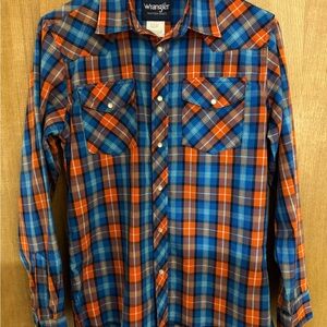Wrangler Kids Youth Western Plaid Pearl Snap Shirt XL (14-16) Orange Blue